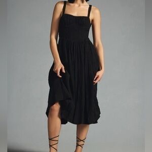 ANTHROPOLOGIE Black Smocked textured midi dress